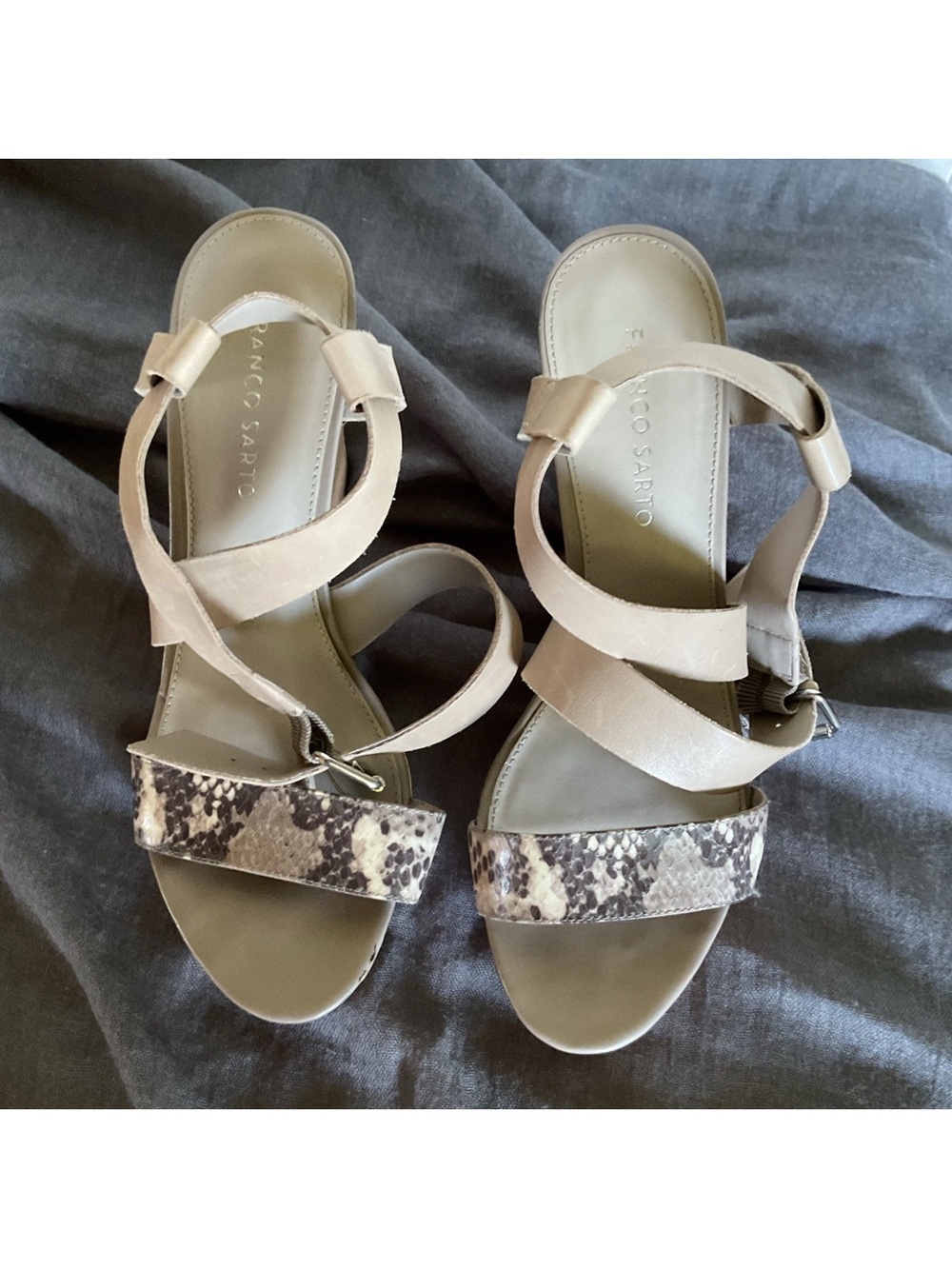 Franco Sarto Nude Strappy Sandals with Snake-Print Accent